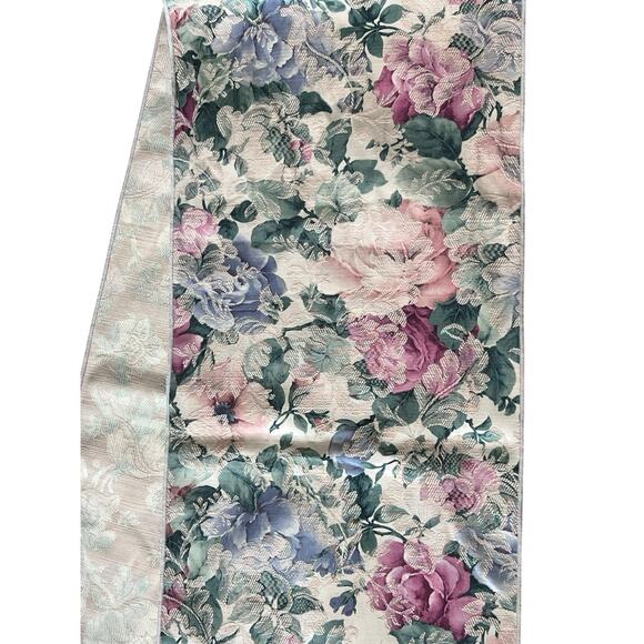 Vtg Home Tapestry Table Runner Cottagecore Floral Jacquard Fringe Accents 70" - Picture 2 of 3